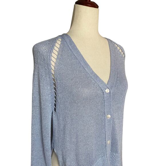 Theory Hanelee Linen Viscose Cropped Knit Cardigan Womens P Blue Minimalist Chic - Picture 5 of 14